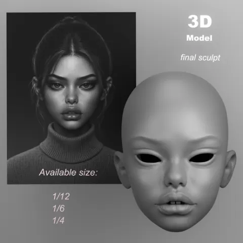 BJD doll head Alisa, 1|12 BJD head, 1|6 doll head, 1|4 ball jointed doll head, anime head, head, 3d print doll head, STL doll, ooak