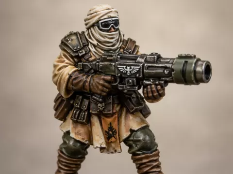 future desert warrior with grenade launcher