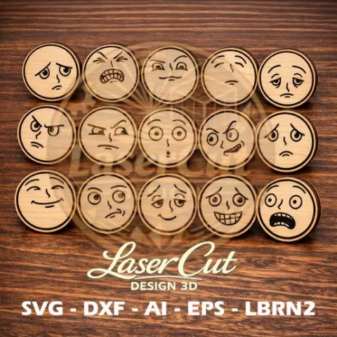 Emotions Faces SVG DXF Laser Cut Files FREE | Emoji Expression Set for Engraving CNC | AI EPS LBRN2 Commercial Use