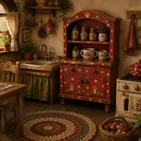 Mushroom Kitchen Hutch Set – Fairycore Dollhouse Furniture with Accessories 1/12 Scale