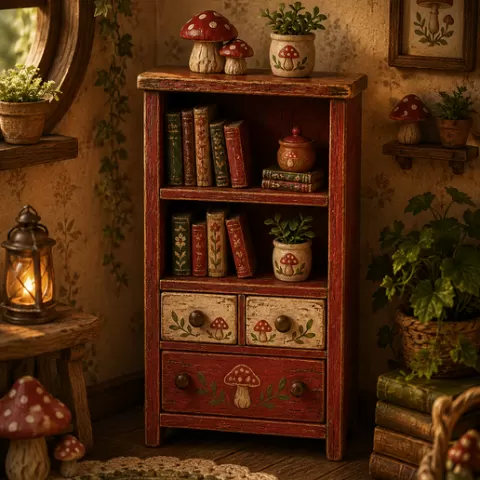 Mushroom Fairy Bookshelf – Woodland Dollhouse Miniature 1/12 Scale
