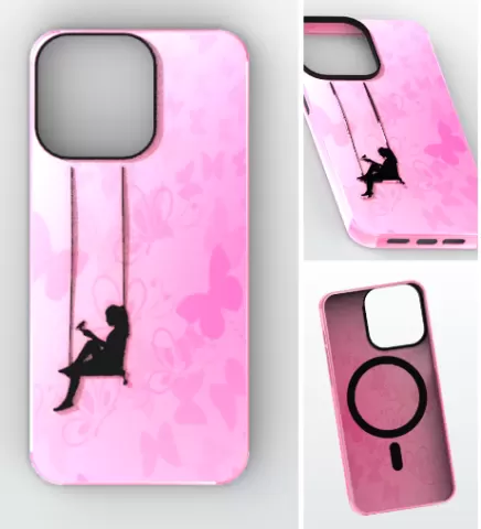 Girl on Swing Pink Butterfly Aesthetic MagSafe Case for iPhone 15 Pro Max with Camera Lens Protection
