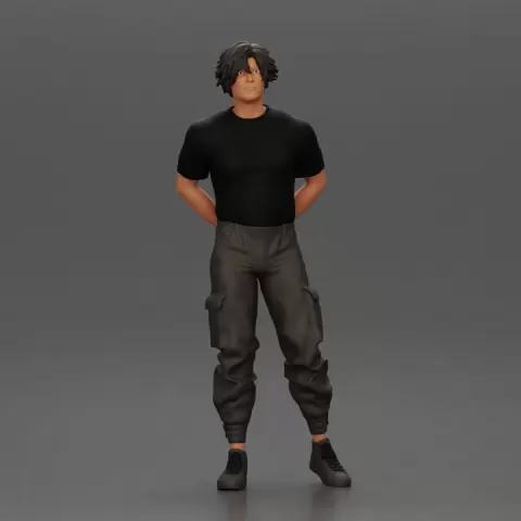 Man with messy hair wearing black shirt and cargo pants by 3DGeschaft Miniatures Figures