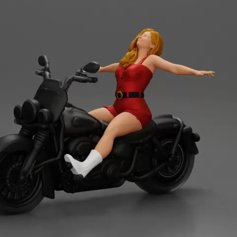 Woman in red outfit stretching arms wide while sitting on motorcycle by 3DGeschaft Miniatures Figures