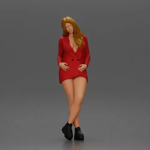 Stylish woman in red blazer dress and boots posing with crossed legs by 3DGeschaft Miniatures Figures