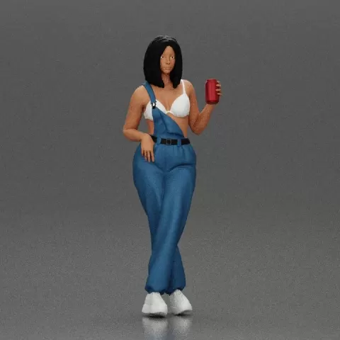 Woman with black hair wearing blue overalls holding a drink by 3DGeschaft Miniatures Figures