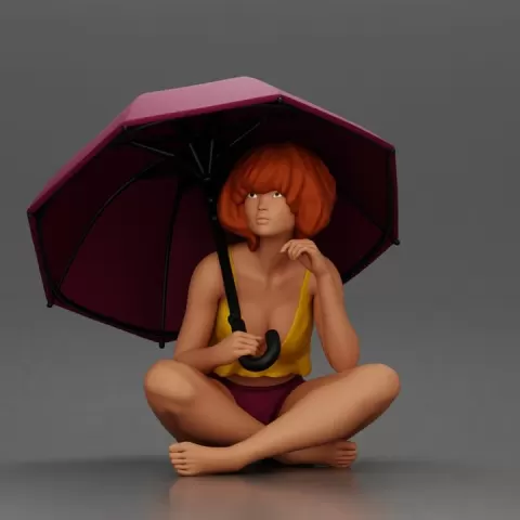 Girl with orange hair holding umbrella sitting in thoughtful pose by 3DGeschaft Miniatures Figures