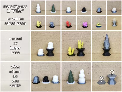 More figures for Prusa balance game - Darth Vader, Stormtrooper, Mandalorian, Yoda, Dwayne The Rock Johnson, Pinguin, Tux, Snowman, Christmas Tree, Gnome, Santa, Benchy, Pikachu, Cyndaquil, Totodile, Bulbasaur, Squirtle, Charmander, Moai, Football Pl