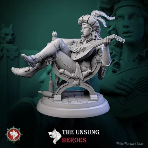Jax Fiddlefoot, Lord of the Lute - 32mm & 75mm Pre-supported STLs + 5e Style Stat Block by White Werewolf Tavern