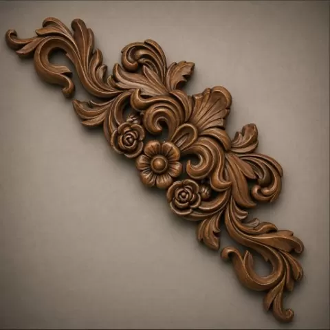 Baroque Floral Scroll Ornament STL with Roses for CNC Decorative Furniture Design