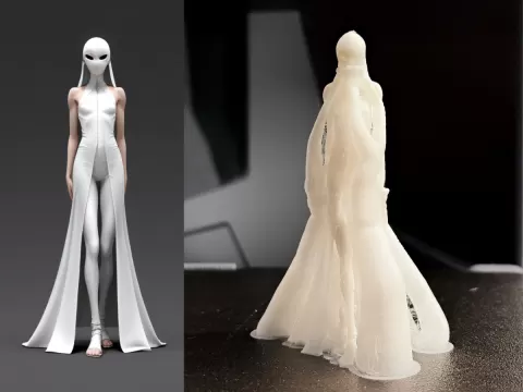 Ethereal Ghost-Masked Woman Sci-Fi Fashion Statue