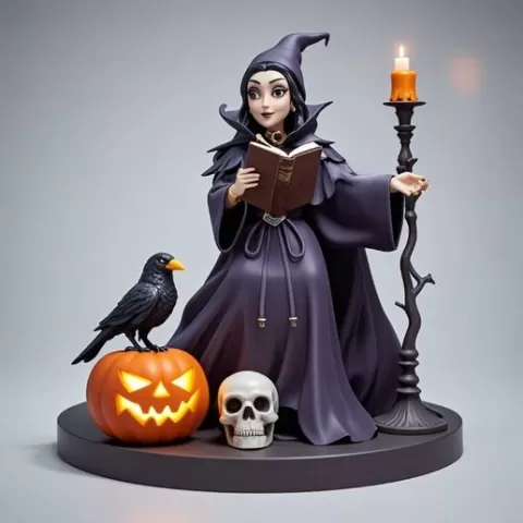 4015 Witch with Skull, Raven and Pumpkin – Color 3D Model on Pedestal, Halloween, cat, bat, monster, troll, fox, minimalist, miniature, figurine, collectible, fantasy, decorative, Halloween, serpent, STL, DND