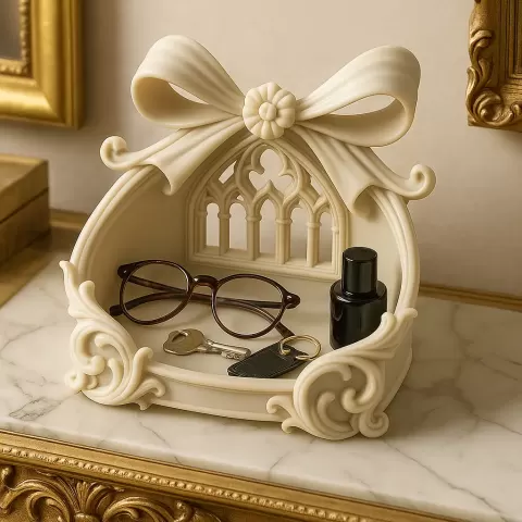 Ornate Bow Cathedral Catchall Tray – 3D Printed Gothic Arch Valet – Luxury Entryway Key & Jewelry Bo