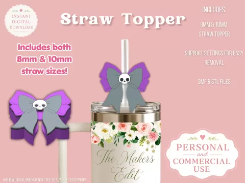 Skull Coquette Bow Straw Topper