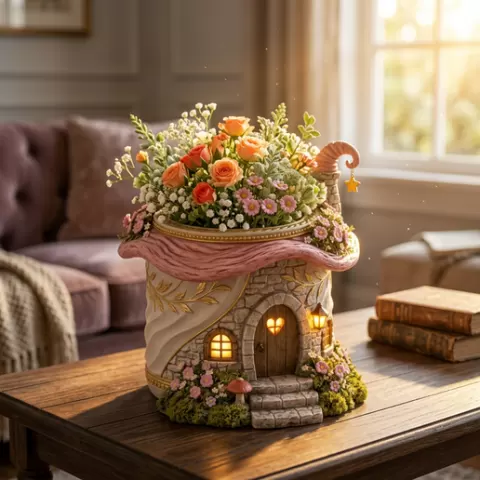 Free Enchanted Pink Fairy Cottage Planter with Whimsical Lantern & Floral Details