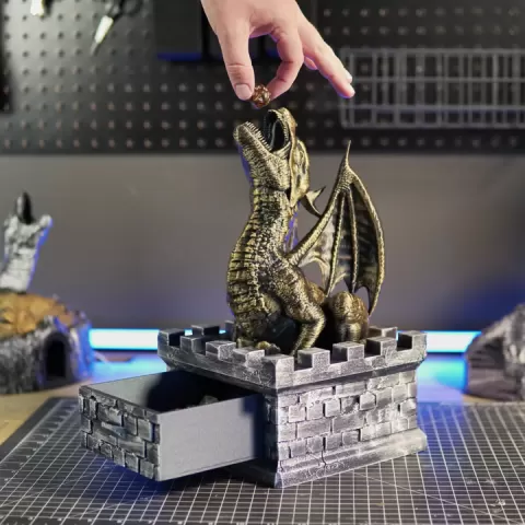 The Dragon Vault Dice Tower | Support-Free 3D Print | Hidden Stash Drawer for Dice, Coasters, and Gaming Treasures by CraftyKid3D