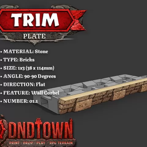 Trim - Stone - Bricks (TAPERED) - 1x3 - 90-90 Degrees - 1.1 (FLAT) - 3D Modular Dungeon Tile - DnD Town Minis (www.dnd.town) by TTR.Town