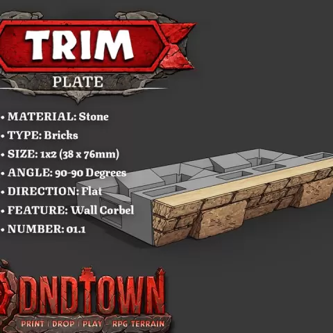 Trim - Stone - Bricks (TAPERED) - 1x2 - 90-90 Degrees - 1.1 (FLAT) - 3D Modular Dungeon Tile - DnD Town Minis (www.dnd.town) by TTR.Town