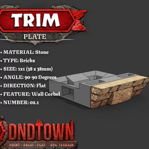 Trim - Stone - Bricks (TAPERED) - 1x1 - 90-90 Degrees - 2.1 (FLAT) - 3D Modular Dungeon Tile - DnD Town Minis (www.dnd.town) by TTR.Town