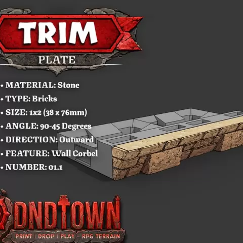 Trim - Stone - Bricks (TAPERED) - 1x2 - 90-45 Degrees - 1.1 (OUTWARDS) - 3D Modular Dungeon Tile - DnD Town Minis (www.dnd.town) by TTR.Town
