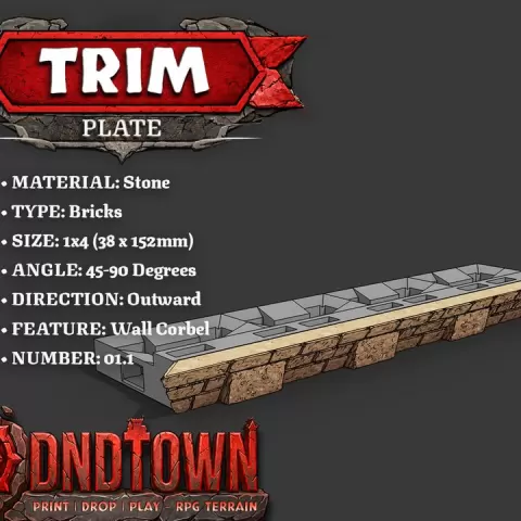 Trim - Stone - Bricks (TAPERED) - 1x4 - 45-90 Degrees - 1.1 (OUTWARDS) - 3D Modular Dungeon Tile - DnD Town Minis (www.dnd.town) by TTR.Town