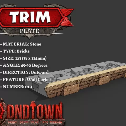 Trim - Stone - Bricks (TAPERED) - 1x3 - 45-90 Degrees - 1.1 (OUTWARDS) - 3D Modular Dungeon Tile - DnD Town Minis (www.dnd.town) by TTR.Town