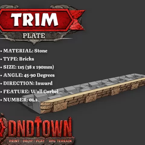 Trim - Stone - Bricks (TAPERED) - 1x5 - 45-90 Degrees - 1.1 (INWARDS) - 3D Modular Dungeon Tile - DnD Town Minis (www.dnd.town) by TTR.Town