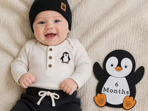 Penguin milestone plaque for baby photos 6 months