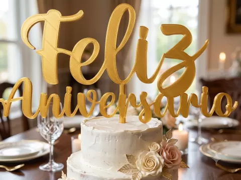 Elegant "Feliz Aniversário" Cake Topper