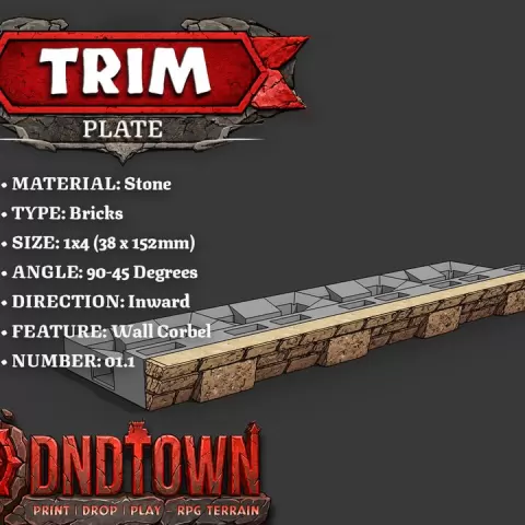Trim - Stone - Bricks (TAPERED) - 1x4 - 90-45 Degrees - 1.1 (INWARDS) - 3D Modular Dungeon Tile - DnD Town Minis (www.dnd.town) by TTR.Town