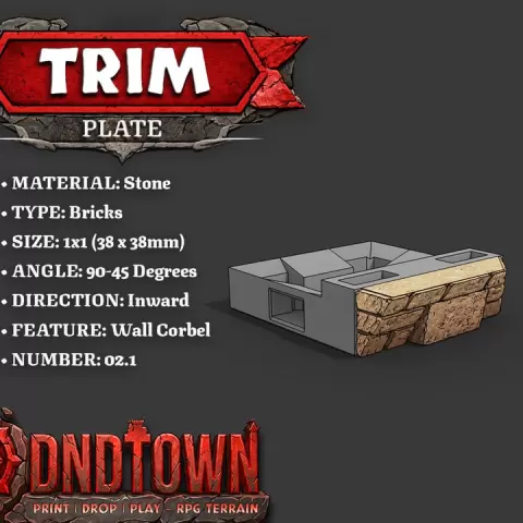 Trim - Stone - Bricks (TAPERED) - 1x1 - 90-45 Degrees - 2.1 (INWARDS) - 3D Modular Dungeon Tile - DnD Town Minis (www.dnd.town) by TTR.Town