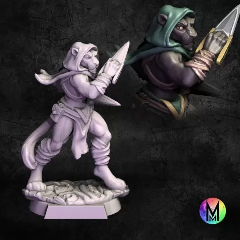 Tabaxi rogue - Panther themed Tabaxi with Katars ( Tabaxi fighter / rogue dual wielding katar ) by Moonlight Minis- Christine Van Patten