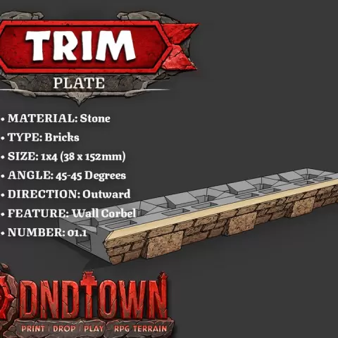 Trim - Stone - Bricks (TAPERED) - 1x4 - 45-45 Degrees - 1.1 (OUTWARDS) - 3D Modular Dungeon Tile - DnD Town Minis (www.dnd.town) by TTR.Town