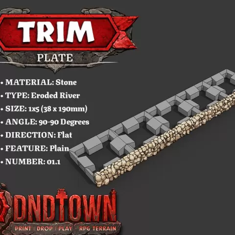 Trim - Stone - River - 1x5 - 90-90 Degrees - 1.1 (FLAT) - 3D Modular Dungeon Tile - DnD Town Minis (www.dnd.town) by TTR.Town