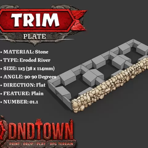 Trim - Stone - River - 1x3 - 90-90 Degrees - 1.1 (FLAT) - 3D Modular Dungeon Tile - DnD Town Minis (www.dnd.town) by TTR.Town