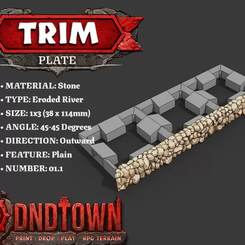 Trim - Stone - River - 1x3 - 45-45 Degrees - 1.1 (OUTWARDS) - 3D Modular Dungeon Tile - DnD Town Minis (www.dnd.town) by TTR.Town