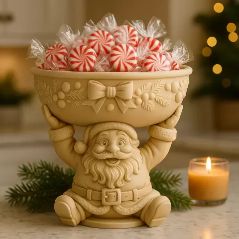 Santa Claus Holiday Candy Bowl – 3D Printed Decorative Christmas Catch-All Dish (Peppermints, Treats