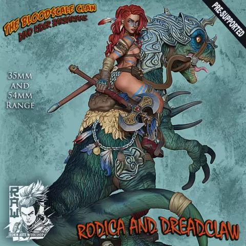 Rodica And Dreadclaw - Female Barbarian riding on therizinosaurus by Ronin Arts Workshop