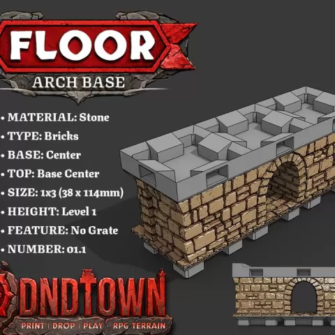 Floor - Arch Block - Stone Bricks - Level01 - 1x3 - NO GRATE - Base Center Top - Center - 01.1 (SCUFFED) - DnD Town Minis (www.dnd.town) by TTR.Town
