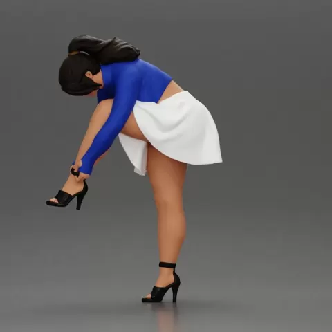 Young woman in skirt adjusts her elegant black high heeled shoes by 3DGeschaft Miniatures Figures