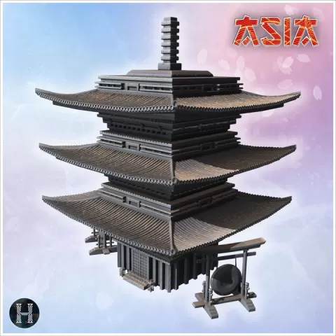Multi-tiered Asian pagoda structure, curved roofs, central spire, surrounding wooden support beams, and ceremonial gong at entryway (9) - Asian Asia Oriental Angkor Ninja Traditionnal RPG Mini by Hartolia Miniatures