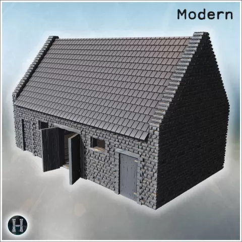 Long gabled masonry barn has broad slate tiled roof, narrow slit windows, double plank doors and modest side entrance for livestock housing (22) - Modern WW2 WW1 World War Diaroma Wargaming RPG Mini Hobby by Hartolia Miniatures