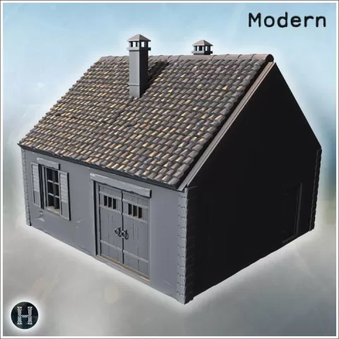 Stone outbuilding with steep tiled roof, twin chimney vents, shuttered casement, double carriage doors and simple rectangular footprint, suitable as workshop or garage on rural property (4) - Modern WW2 WW1 World War Diaroma Wargaming RPG Mini Hobby 