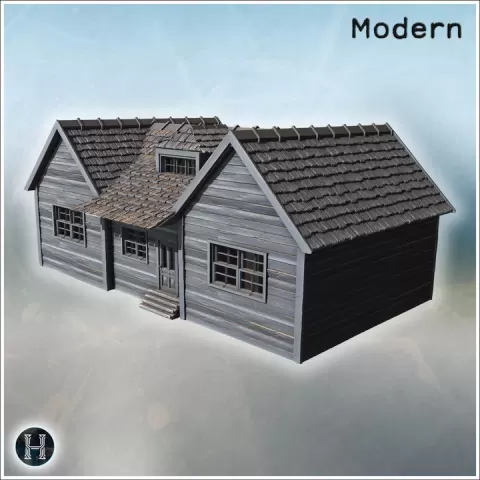 Wood plank countryside cottage featuring twin gables, central dormer, shingled roof sections, front porch canopy, layered step entrance and multiple grid windows on weathered facade (2) - Modern WW2 WW1 World War Diaroma Wargaming RPG Mini Hobby by H