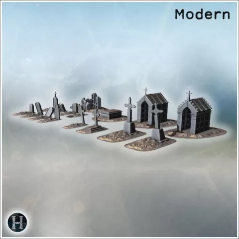 Assortment of cemetery elements with leaning headstones, weathered crosses, stone coffins and small chapels arranged along raised burial plots (5) - Modern WW2 WW1 World War Diaroma Wargaming RPG Mini Hobby by Hartolia Miniatures
