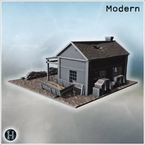 Small wooden workshop building with damaged roof, open framework porch, sandbag pile and assorted crates and equipment strewn around (22) - Modern WW2 WW1 World War Diaroma Wargaming RPG Mini Hobby by Hartolia Miniatures