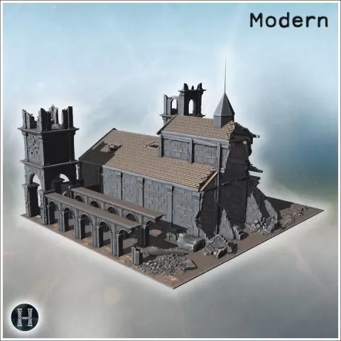 Partially destroyed stone church complex with crumbling bell tower, fallen roof tiles, arched cloister walkway and scattered masonry debris surrounding (21) - Modern WW2 WW1 World War Diaroma Wargaming RPG Mini Hobby by Hartolia Miniatures