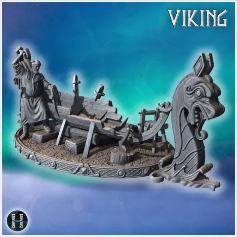 Bearded shipwright hammers planks onto partially built longship with carved dragon prow, wooden supports and scattered tools across oval platform (38) - North Northern Norse Nordic Saga 28mm 15mm Medieval Dark Age by Hartolia Miniatures