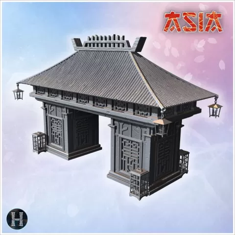 Ornate Asian gate structure with intricate panel designs, hanging lanterns and a large detailed roof (4) - Asian Asia Oriental Angkor Ninja Traditionnal RPG Mini by Hartolia Miniatures
