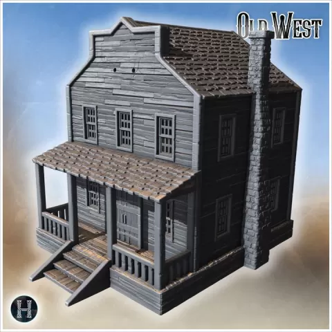Wooden house with stepped gable, front porch, chimney and symmetrical facade (20) - Cowboy USA America ACW American Civil War History Historical by Hartolia Miniatures